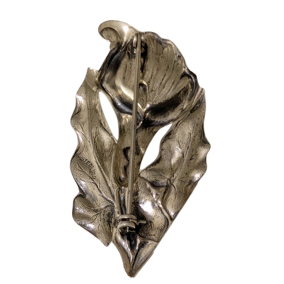 CALLA LILY Stamped Sterling Silver Vintage Retro Brooch Variegated Leaf Pin - Picture 3 of 9